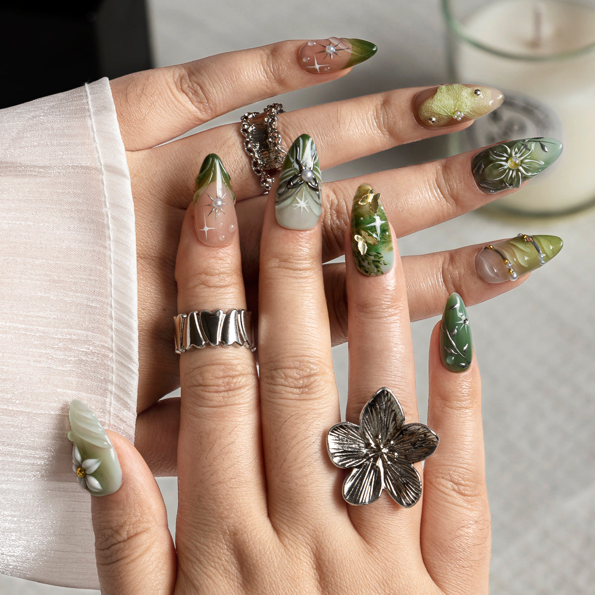 Sage Meadow Bloom ALME0134 press-on nails hand model scene view 1