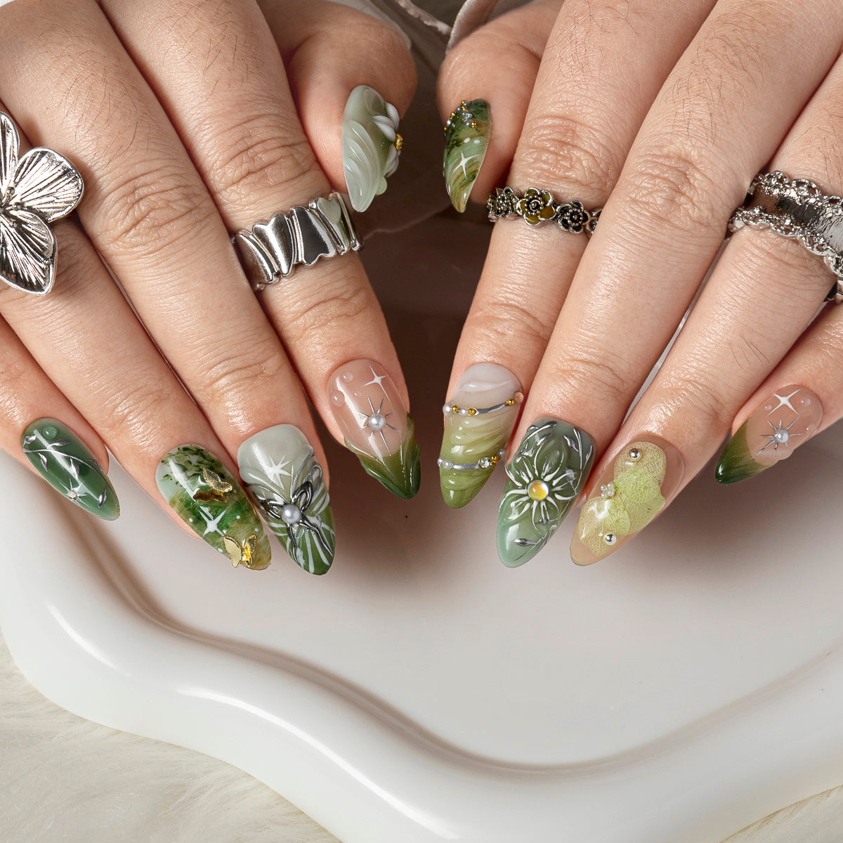 Sage Meadow Bloom ALME0134 press-on nails hand model scene view 2