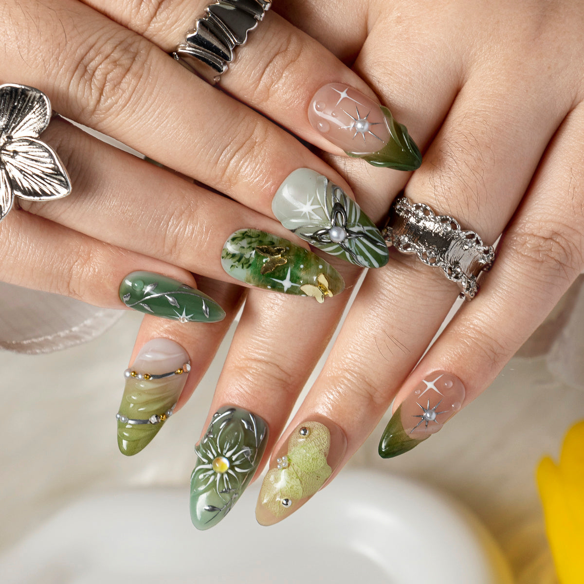 Sage Meadow Bloom ALME0134 press-on nails hand model scene view 3