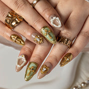 Sage Pearl Relic ALME0141 press-on nails hand model scene view 2