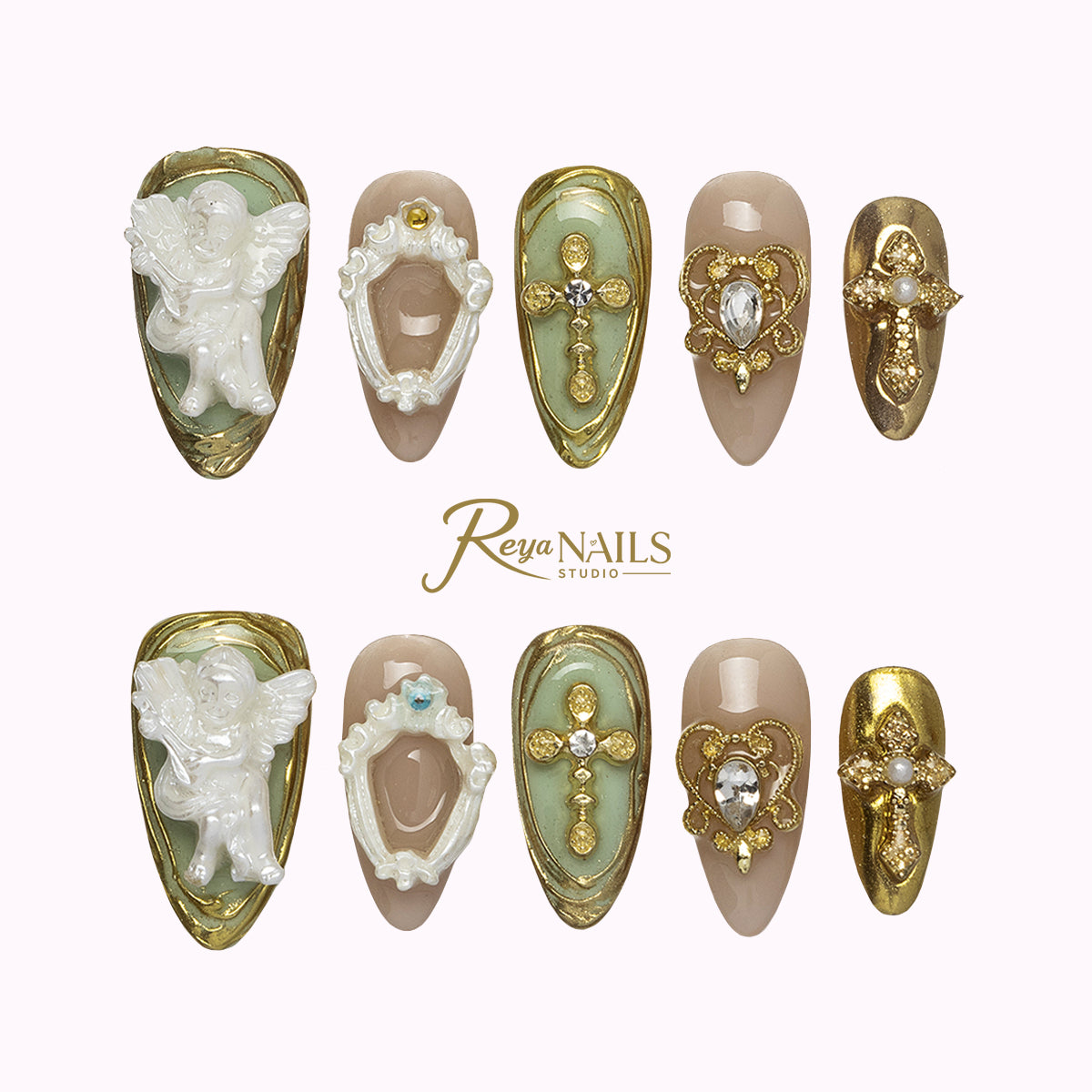 Sage Pearl Relic ALME0141 almond medium press-on nails product view