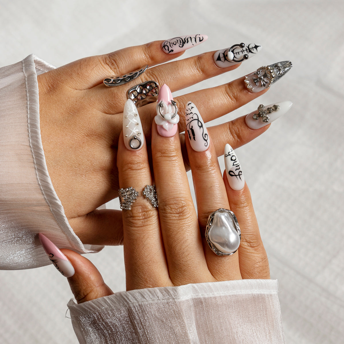 Silver Script Charm ALME0153 press-on nails hand model scene view 1
