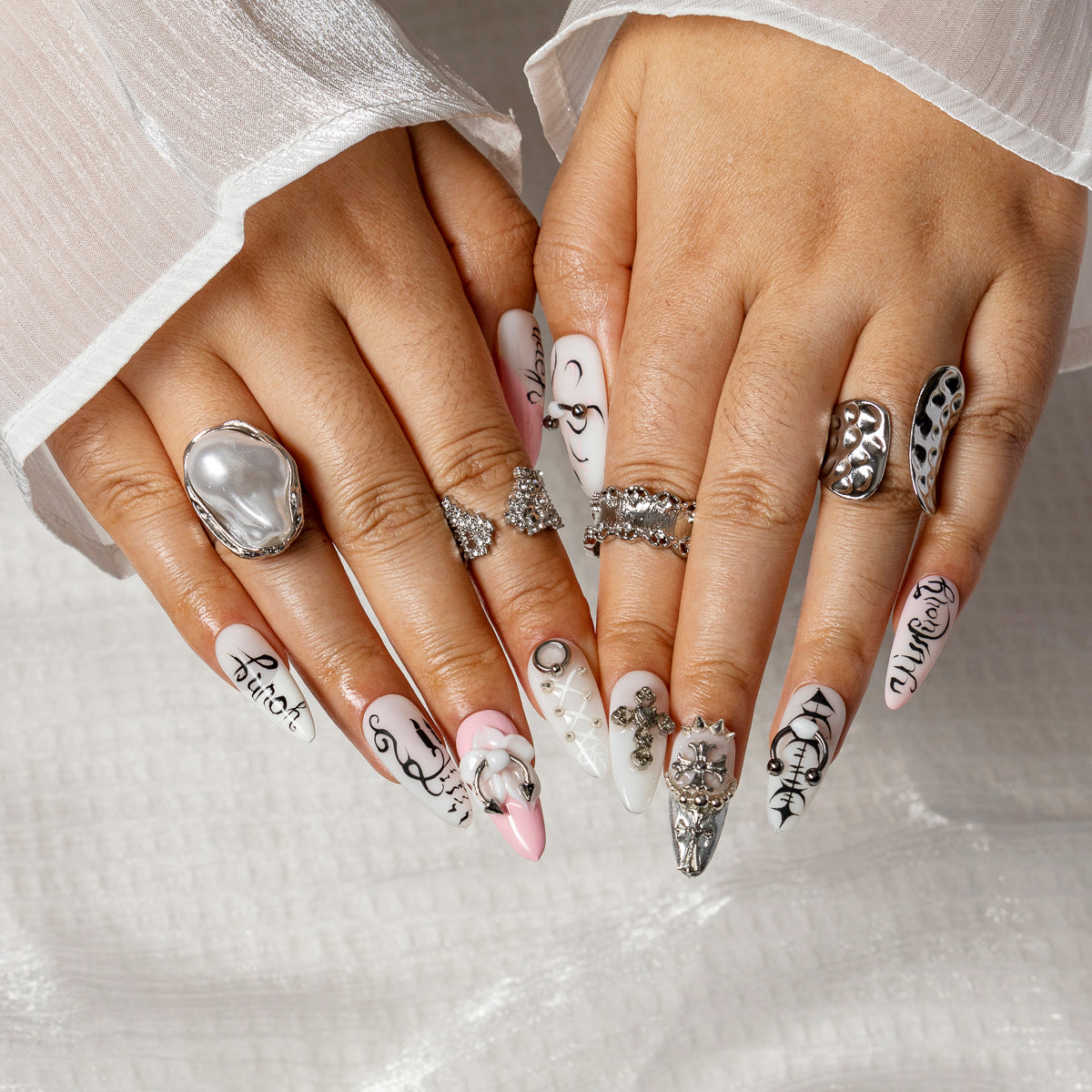 Silver Script Charm ALME0153 press-on nails hand model scene view 2