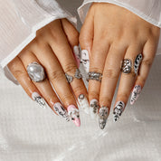 Silver Script Charm ALME0153 press-on nails hand model scene view 2
