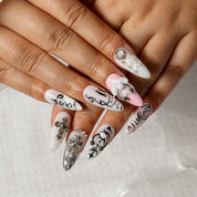 Silver Script Charm ALME0153 press-on nails hand model scene view 3