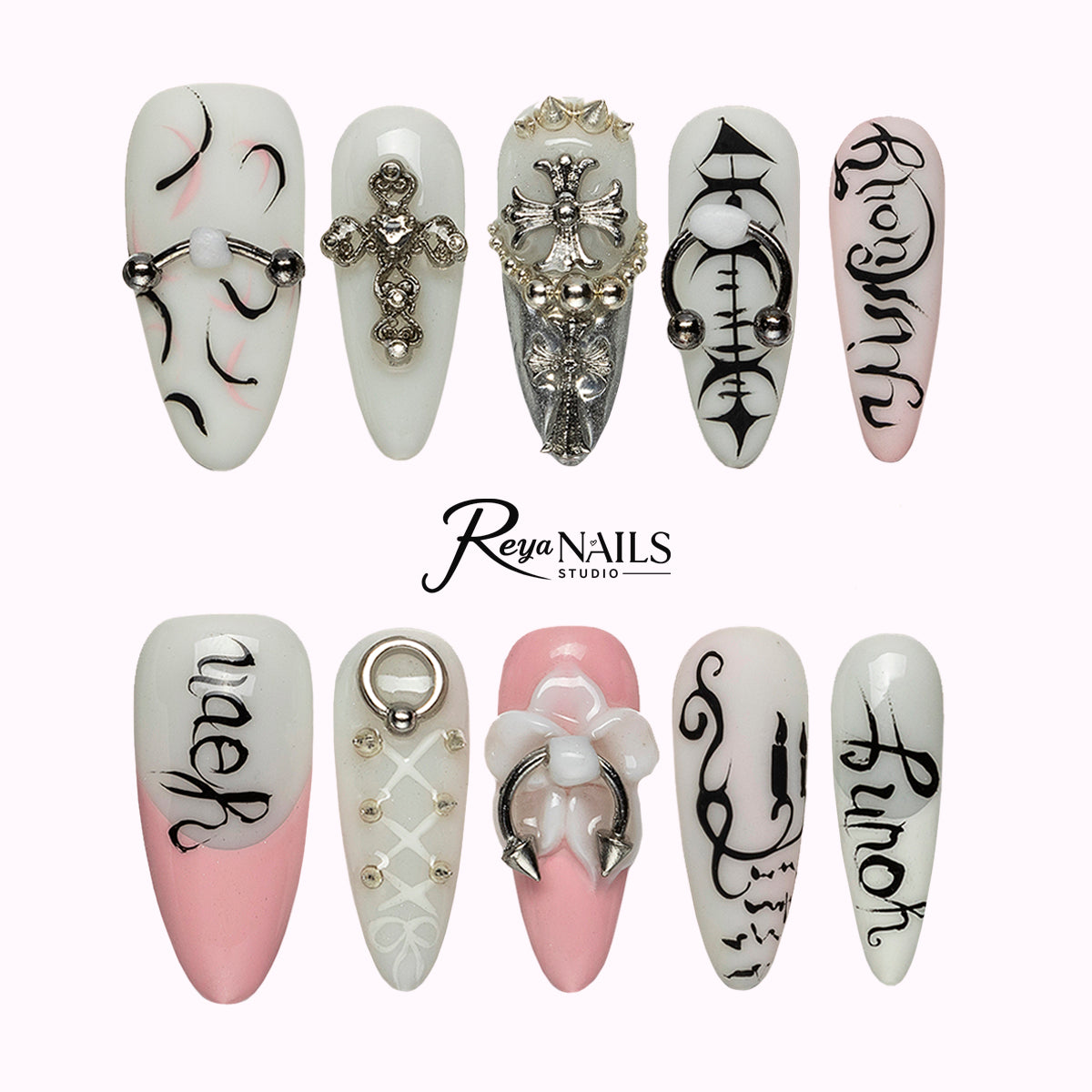 Silver Script Charm ALME0153 almond medium press-on nails product view