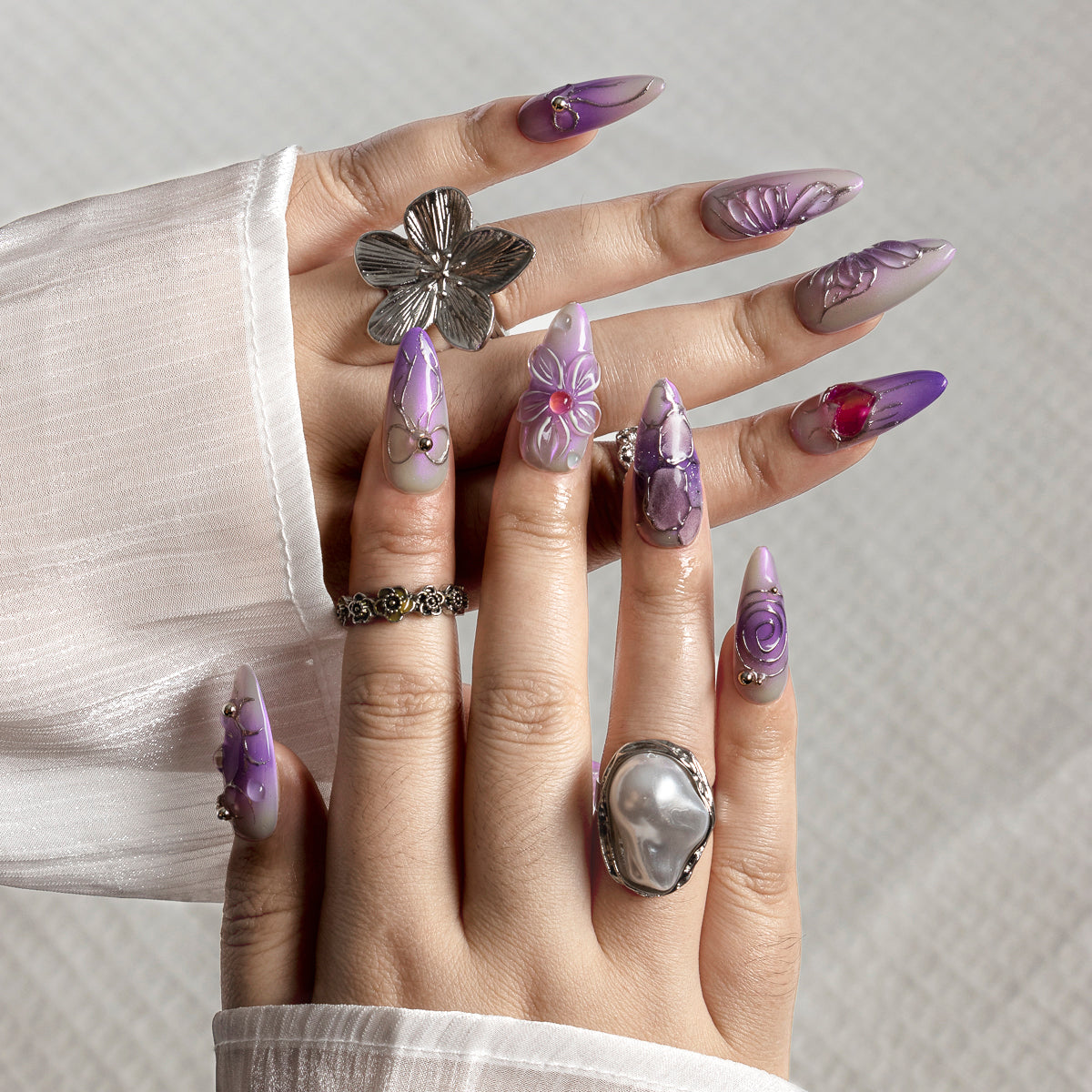 Lilac Petal Ribbon ALME0158 press-on nails hand model scene view 1