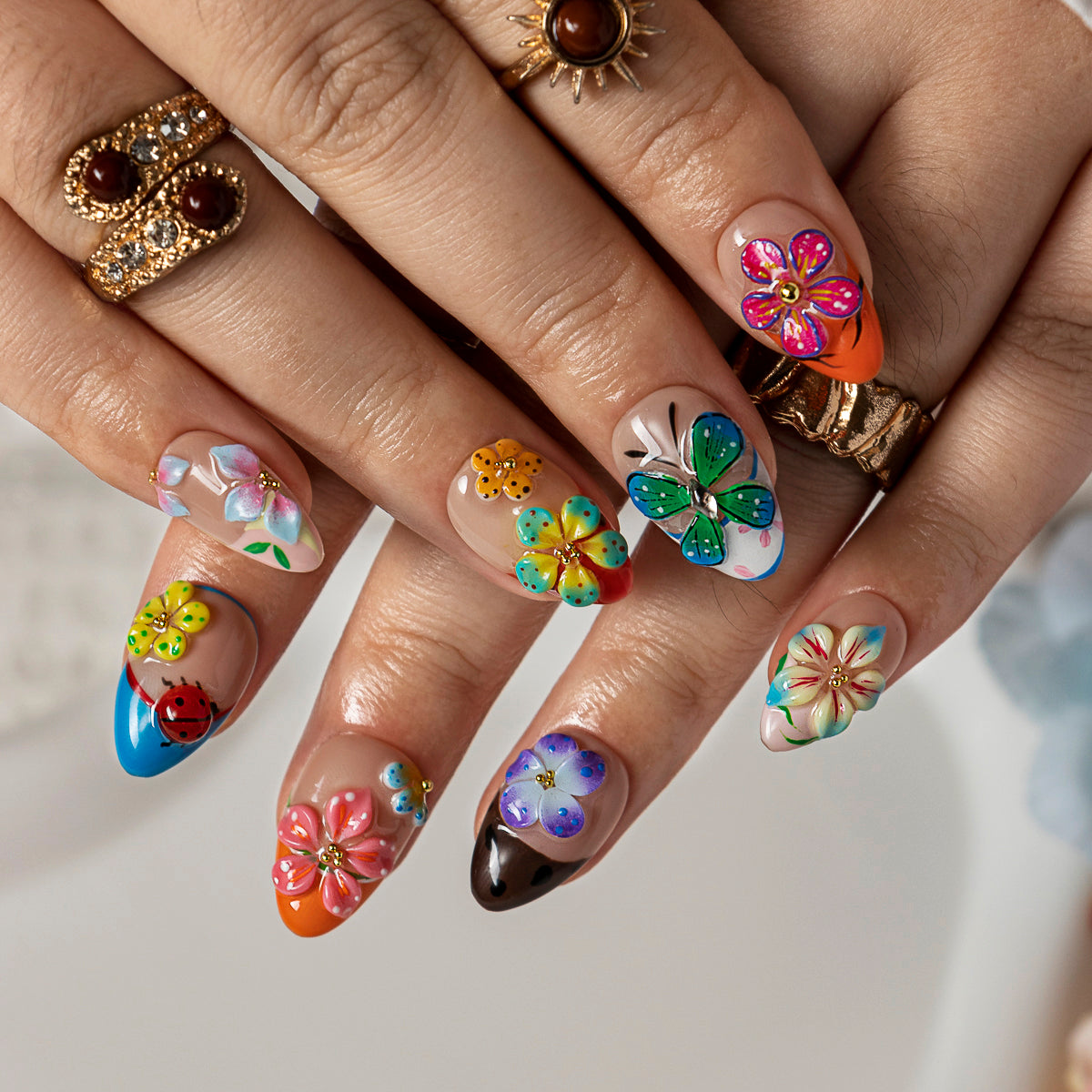 Garden Picnic ALSH0003 press-on nails hand model scene view 3