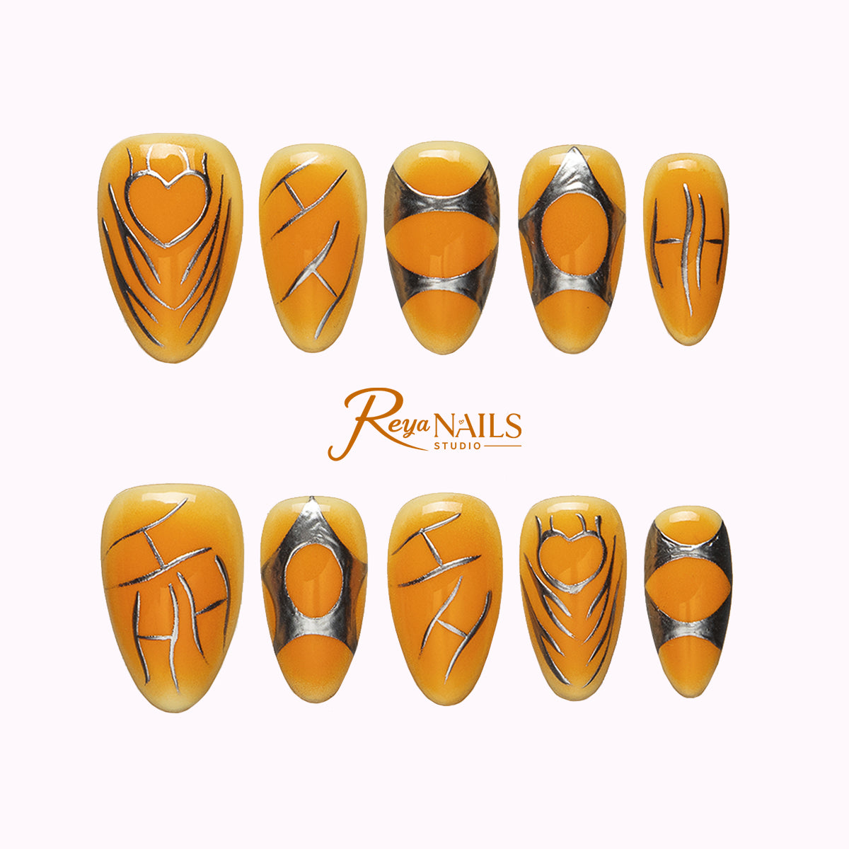 Tangerine Orbit Lines ALSH0016 almond short press-on nails product view