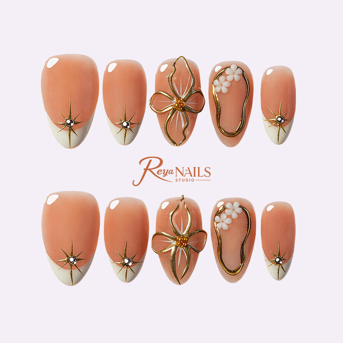 Peach Gilded Blossom ALSH0021 almond short press-on nails product view