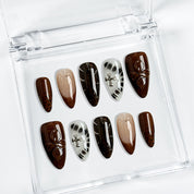 black nail art designs medium almond press-on nails in black and brown with smoky cool fall holiday style