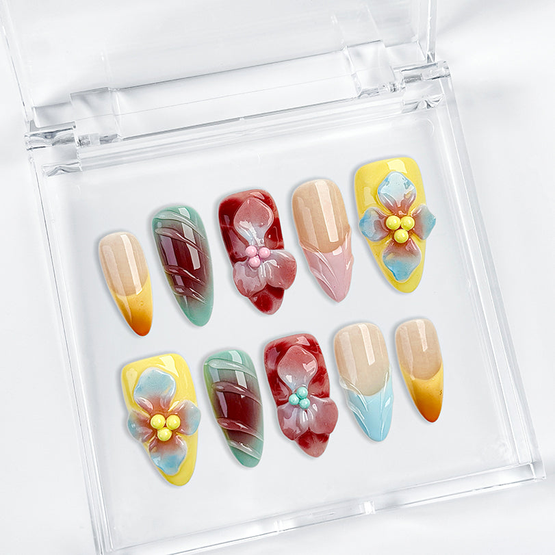blue floral nails medium almond colorful press-on nails with red yellow flower details for spring summer
