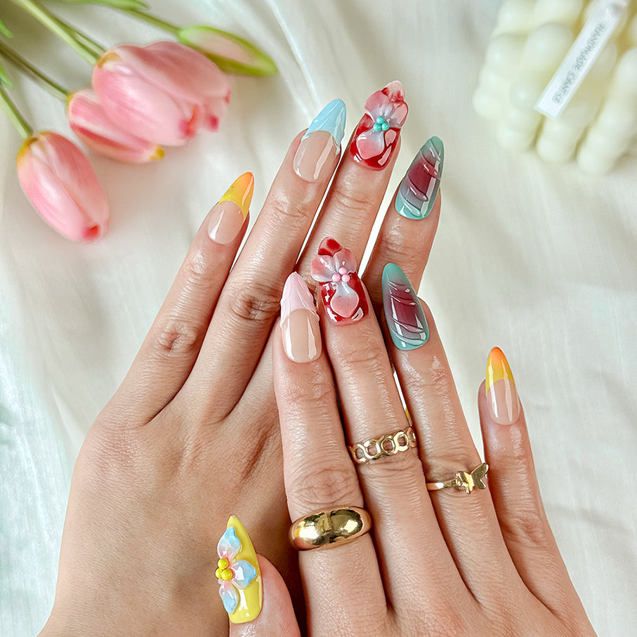 blue floral nails medium almond colorful press-on nails with red yellow flower details for spring summer