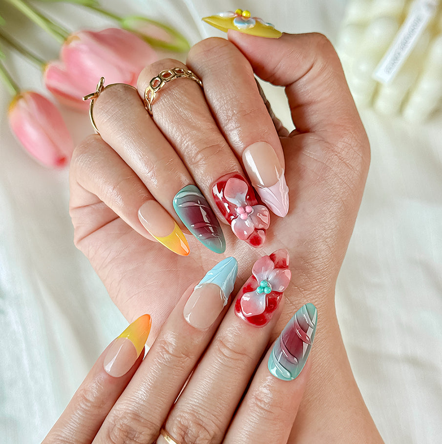 blue floral nails medium almond colorful press-on nails with red yellow flower details for spring summer