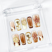 brown and gold nail art medium square brown white press-on nails with floral luxury details
