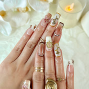 brown and gold nail art medium square brown white press-on nails with floral luxury details