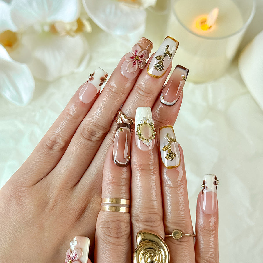 brown and gold nail art medium square brown white press-on nails with floral luxury details