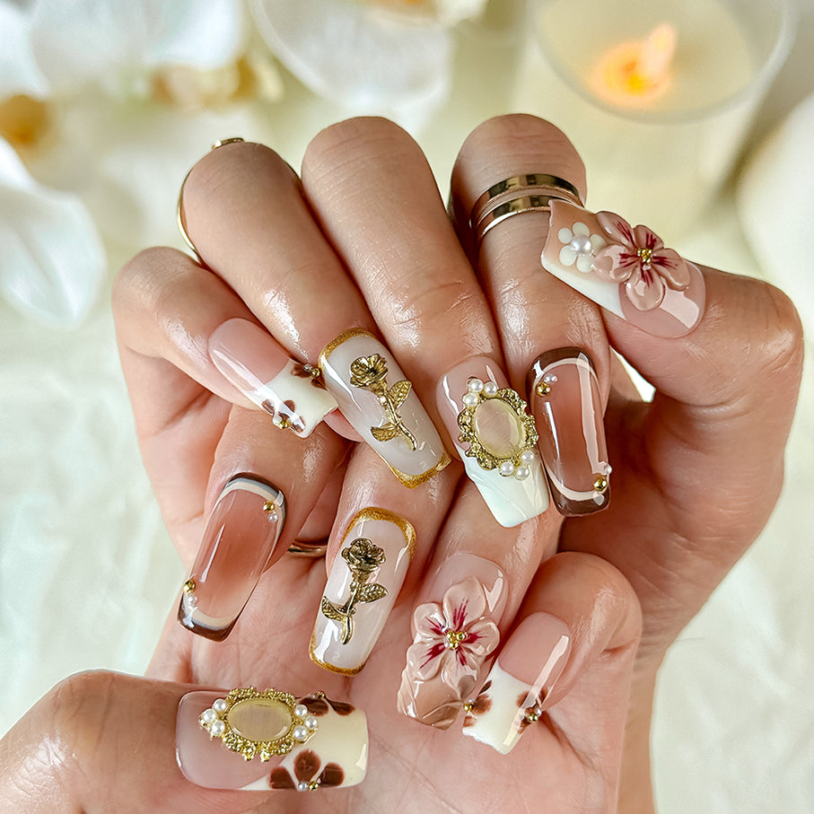 brown and gold nail art medium square brown white press-on nails with floral luxury details
