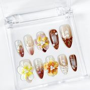 brown nude nails medium almond press-on nails with white yellow flower accents for wedding prom fall winter