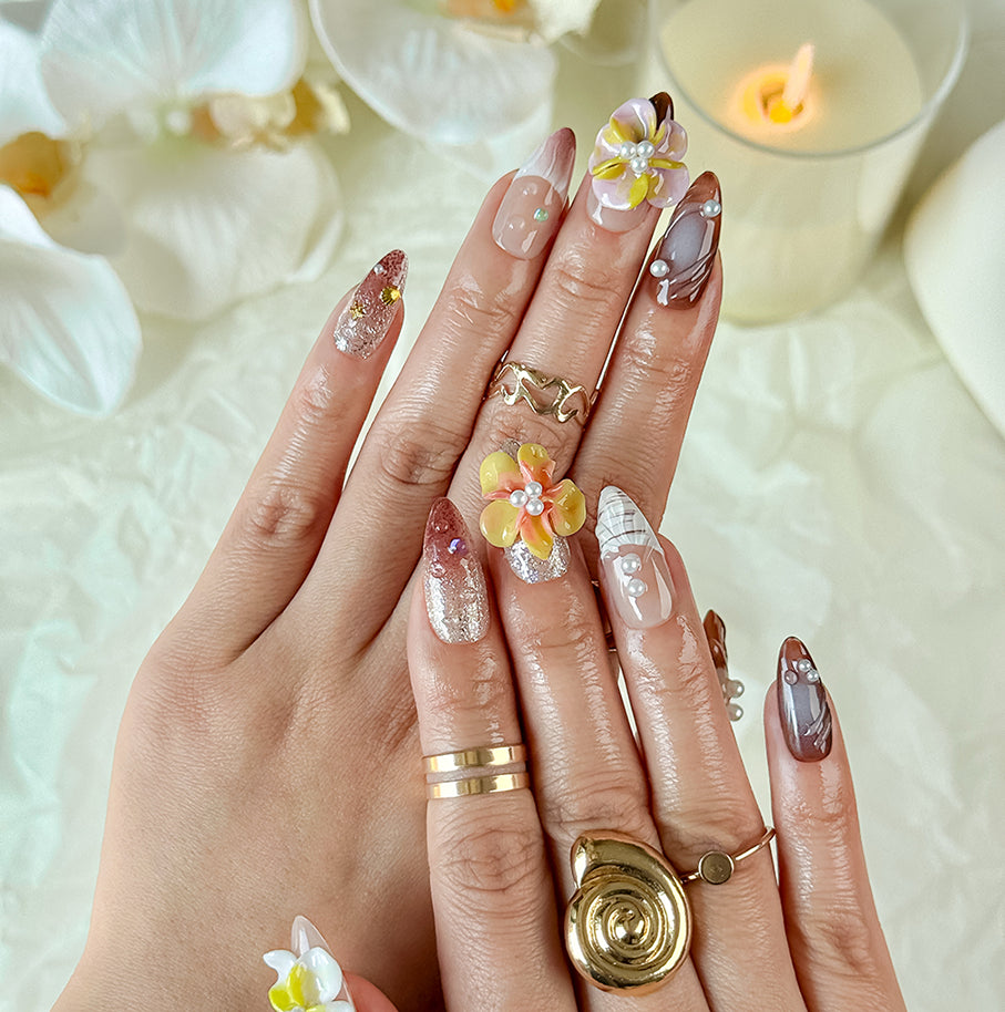 brown nude nails medium almond press-on nails with white yellow flower accents for wedding prom fall winter