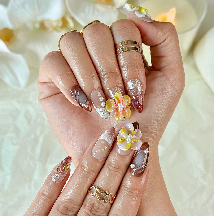 brown nude nails medium almond press-on nails with white yellow flower accents for wedding prom fall winter