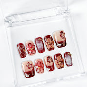 burgundy gold nails short square brown red press-on nails with flower accents and French tip detail