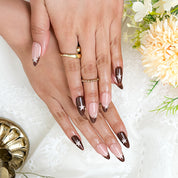 burgundy nail paint medium almond press-on nails with nude base French tip design and simple star nail art for fall prom