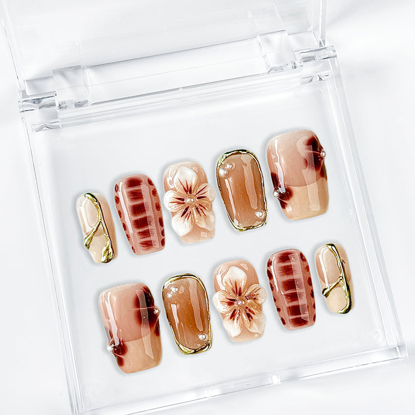 classy simple flower nail art short square brown red luxury press-on nails with floral and glossy gold details