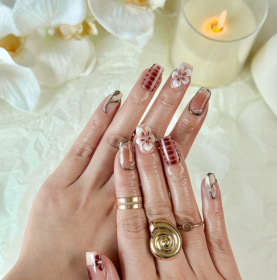 classy simple flower nail art short square brown red luxury press-on nails with floral and glossy gold details