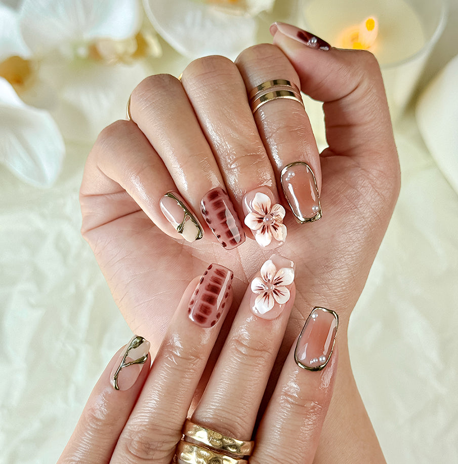 classy simple flower nail art short square brown red luxury press-on nails with floral and glossy gold details