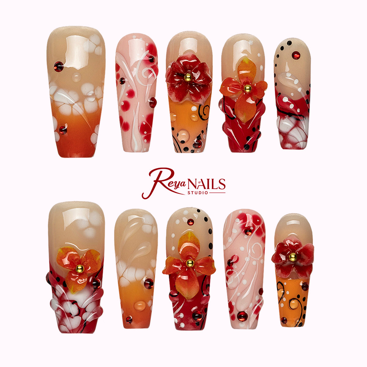 Tangerine Bloom Pop COME0008 coffin medium press-on nails product view
