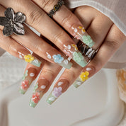 Mint Meadow Bloom COME0017 press-on nails hand model scene view 1
