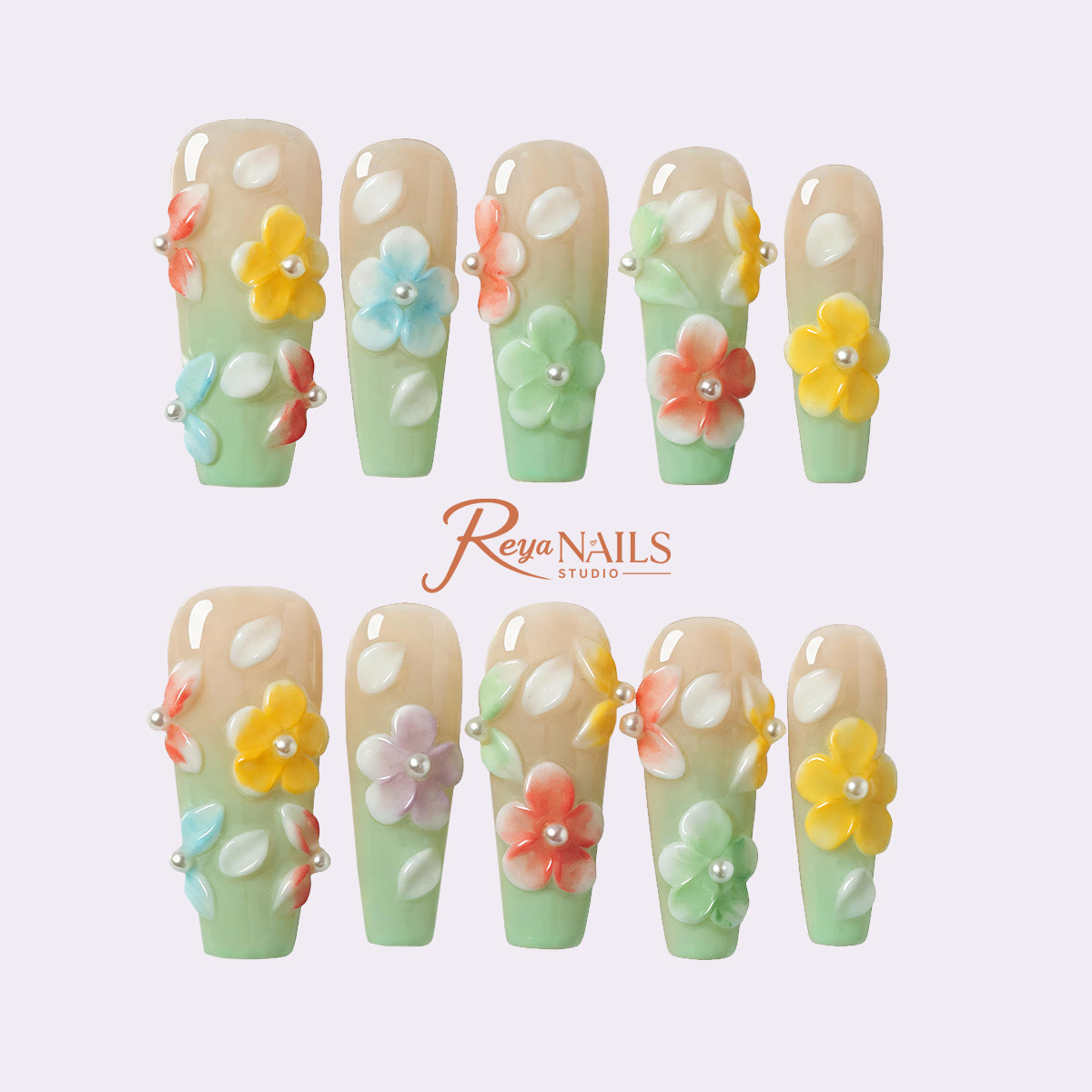 Mint Meadow Bloom COME0017 coffin medium press-on nails product view