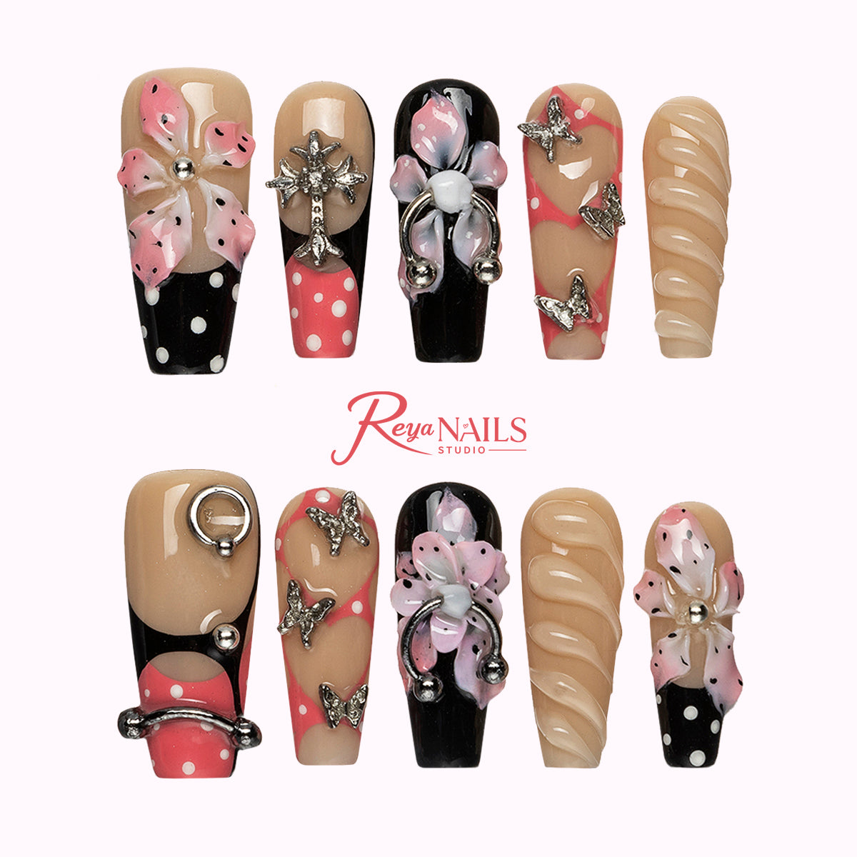 Butterfly Noir Bloom COME0023 coffin medium press-on nails product view