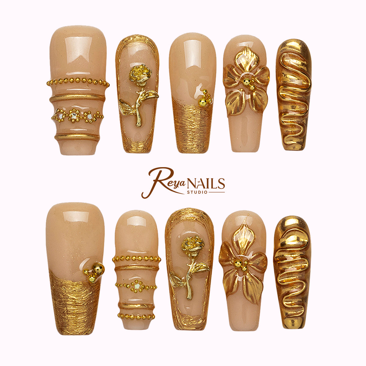 Champagne Gold Relic COME0024 coffin medium press-on nails product view