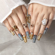 Blue Gilded Tide COME0027 press-on nails hand model scene view 2