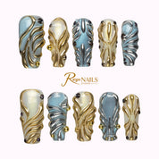 Blue Gilded Tide COME0027 coffin medium press-on nails product view