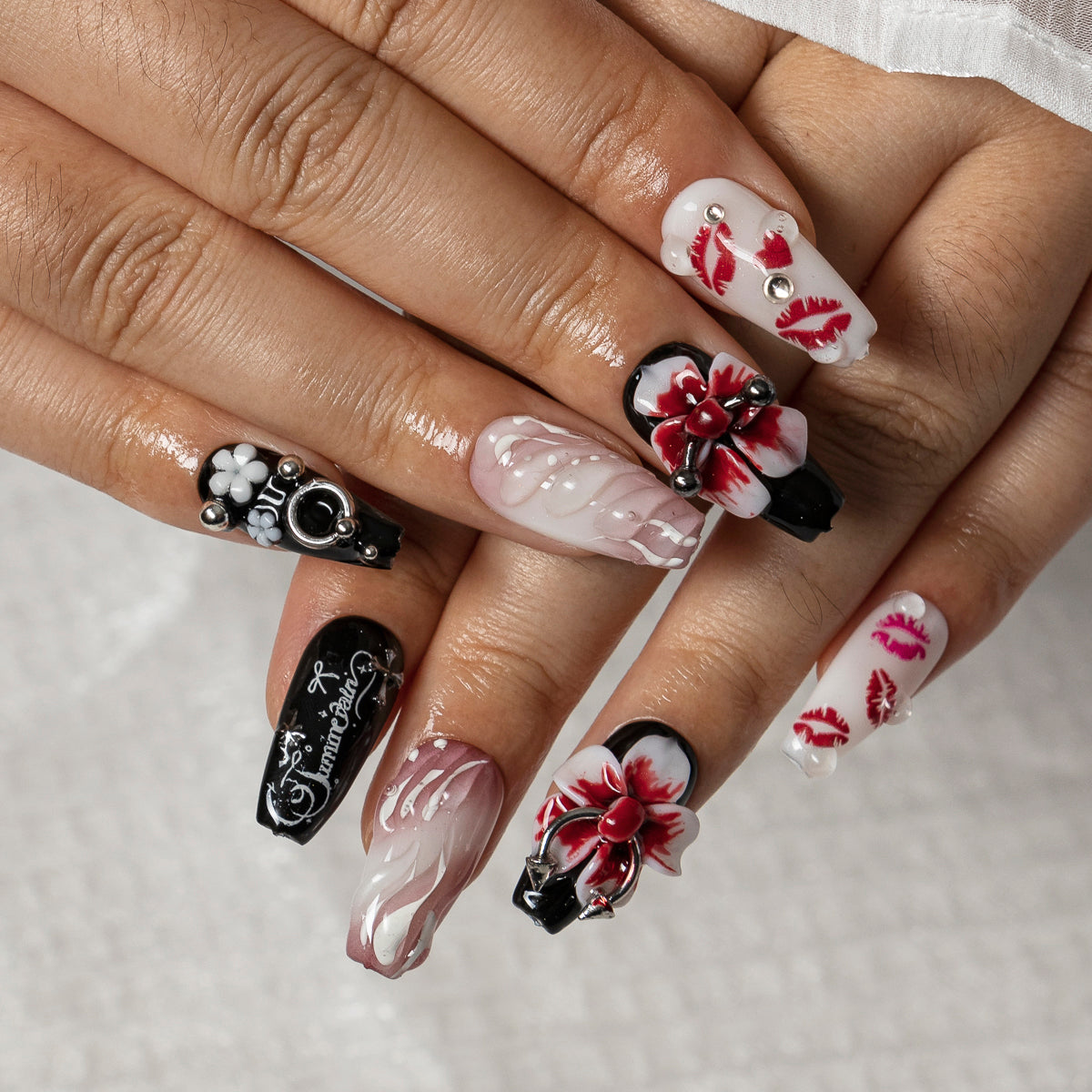 Cherry Kiss Noir COME0029 press-on nails hand model scene view 3