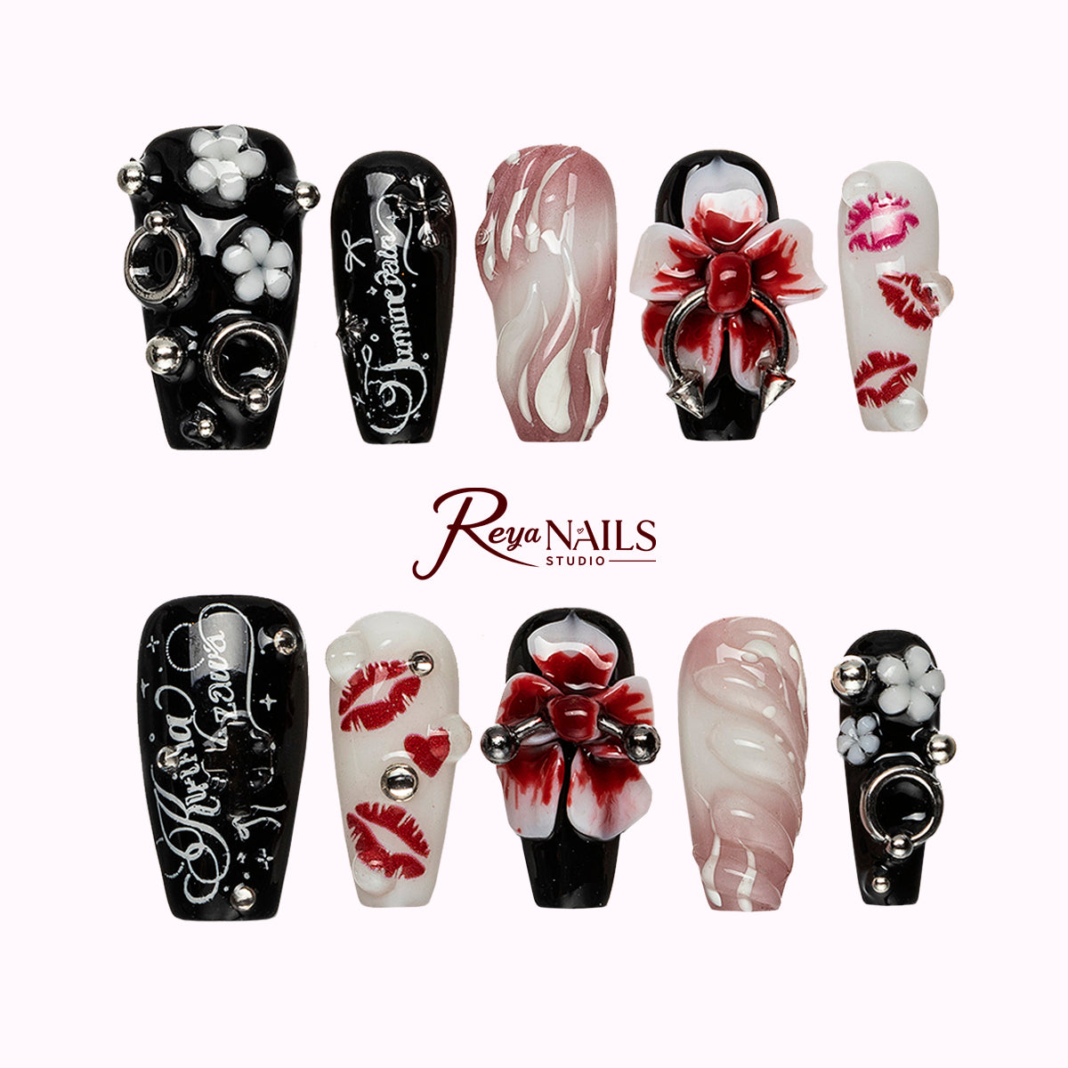 Cherry Kiss Noir COME0029 coffin medium press-on nails product view