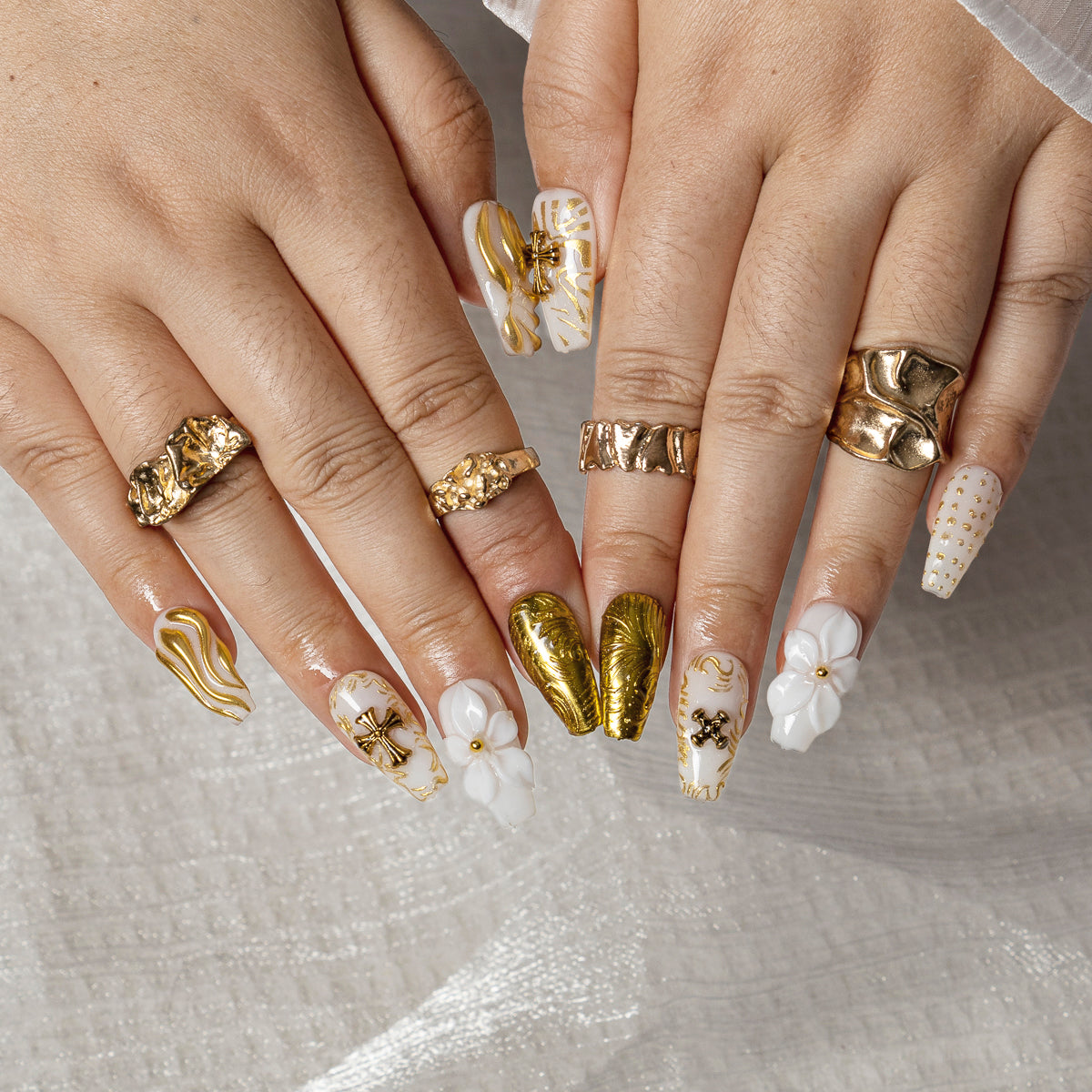 Ivory Gilded Cross COME0032 press-on nails hand model scene view 2