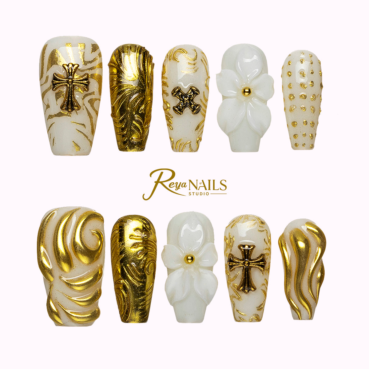 Ivory Gilded Cross COME0032 coffin medium press-on nails product view