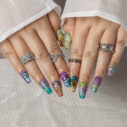 Prismatic Chrome Wave COME0034 press-on nails hand model scene view 1