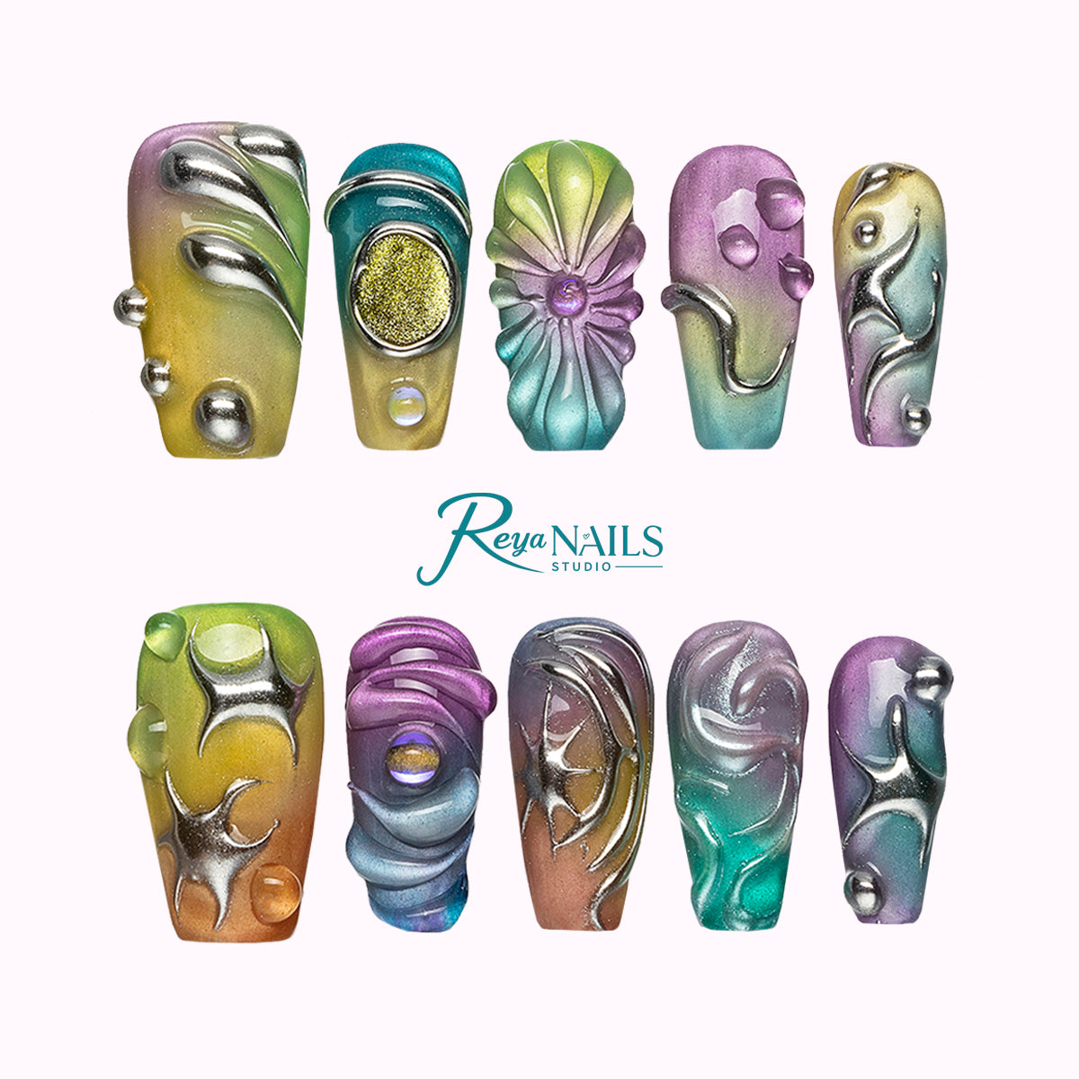 Prismatic Chrome Wave COME0034 coffin medium press-on nails product view