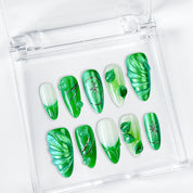 green flower nails medium almond press-on nails with metallic luster and botanical green design