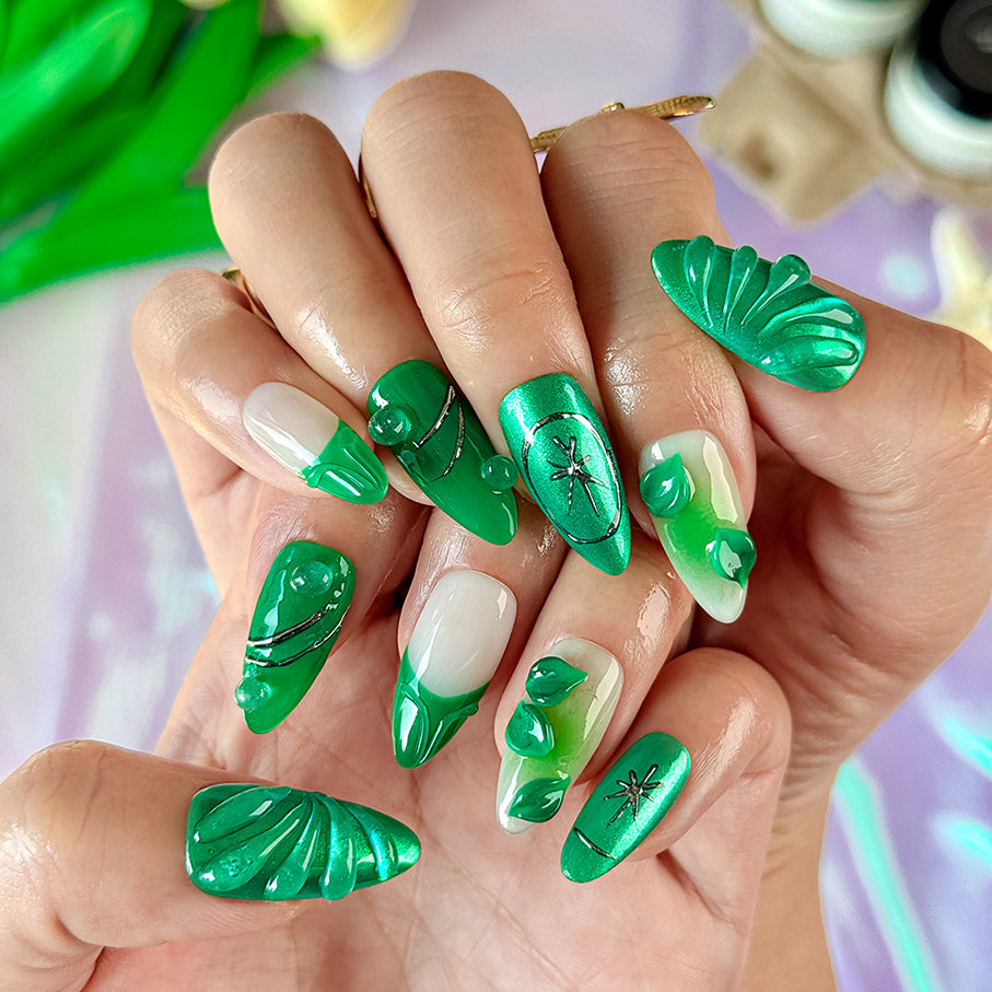 green flower nails medium almond press-on nails with metallic luster and botanical green design