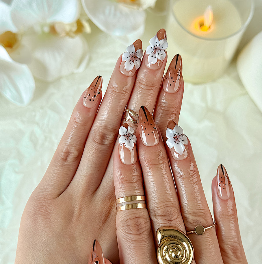 light brown nail medium almond press-on nails with white flower detail for holiday prom fall winter