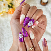 nail designs purple and pink medium almond press-on nails with metallic luster and flower details