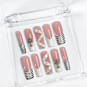 nail designs zebra long square nude white luxury French tip press-on nails for winter prom