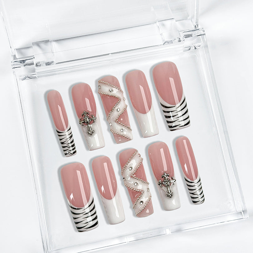 nail designs zebra long square nude white luxury French tip press-on nails for winter prom