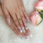 nail designs zebra long square nude white luxury French tip press-on nails for winter prom